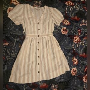LOFT Beige & Cream Striped Button-Front Mini Dress Linen Blend